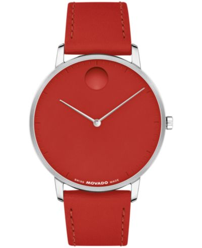 Мужские наручные часы Movado Swiss Quartz с красным кожаным ремешком, 41mm