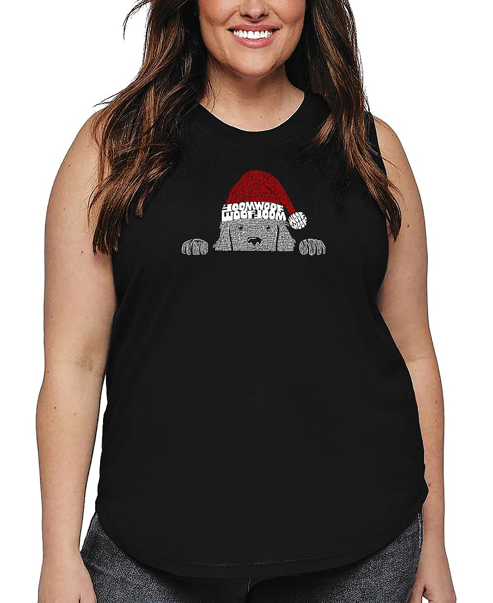 La Pop Art Plus Size Christmas Peeking Dog Word Art Tank Top