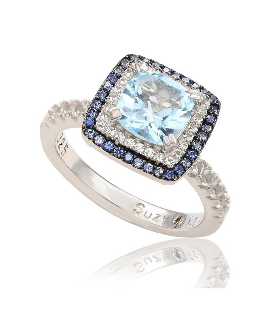 Кольцо Suzy Levian Sterling Cushion Cut Topaz and Sapphire Double Halo