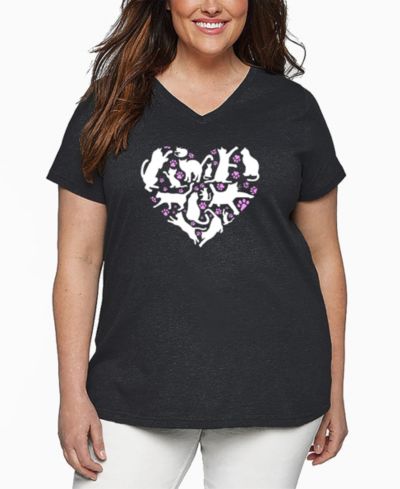 LA Pop Art Plus Size Cat Heart Word Art V-Neck T-Shirt