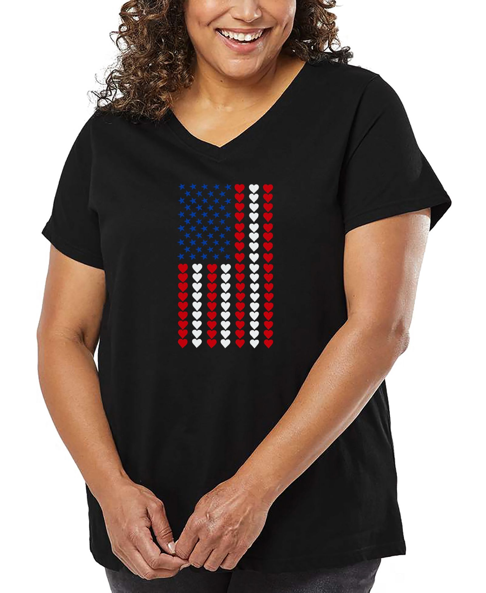 LA Pop Art Plus Size Heart Flag Word Art V-Neck T-Shirt