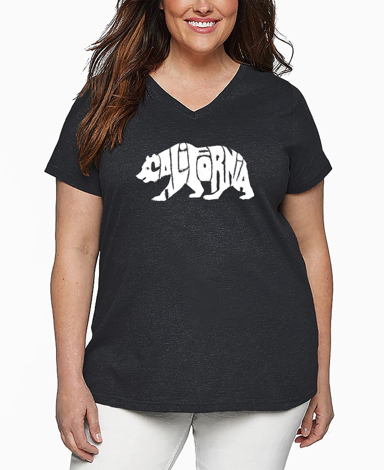 LA Pop Art T-shirt с V-образным вырезом, Plus Size, California Bear Word Art