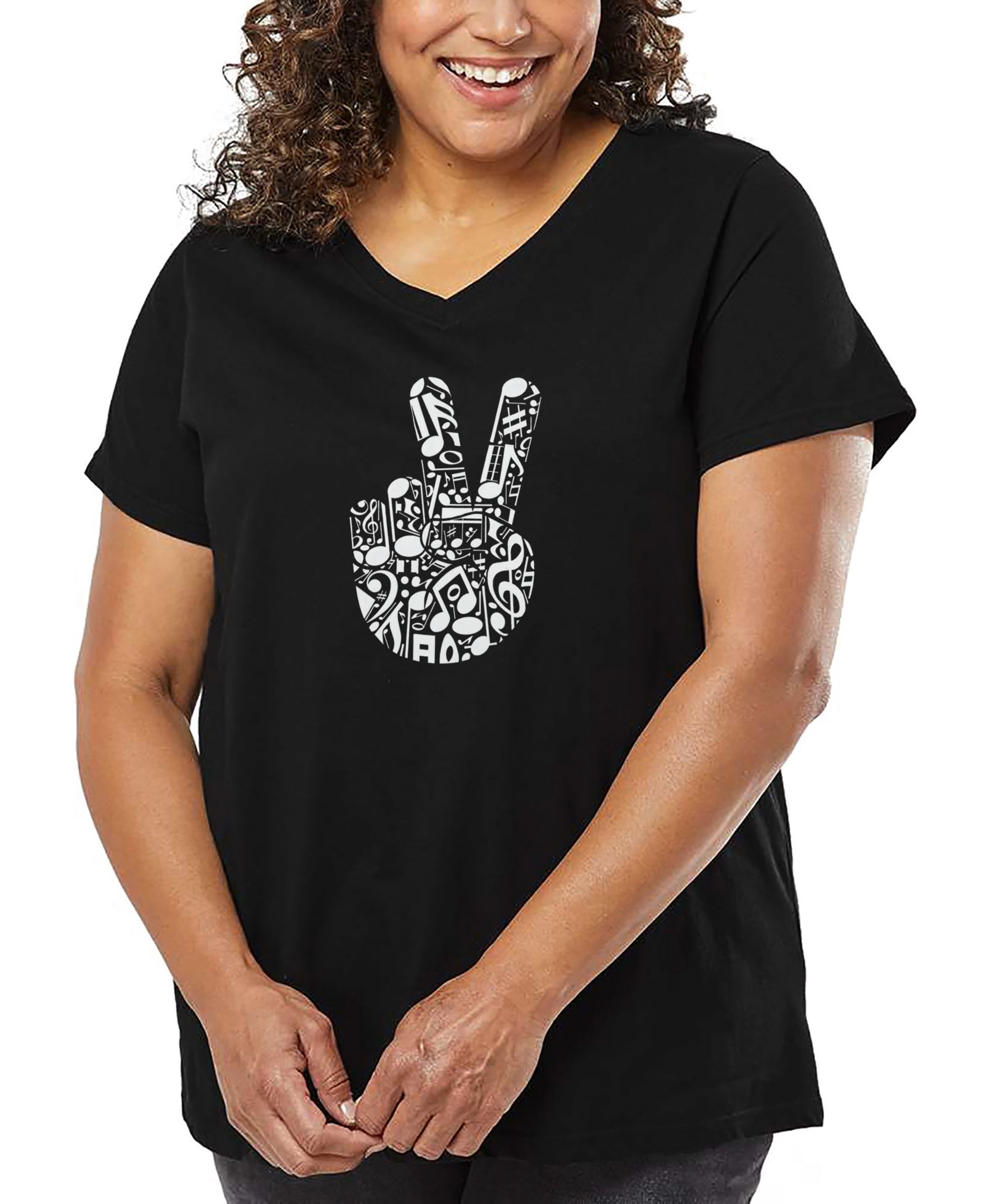 LA Pop Art Plus Size Peace Finger Notes Word Art V-Neck T-Shirt