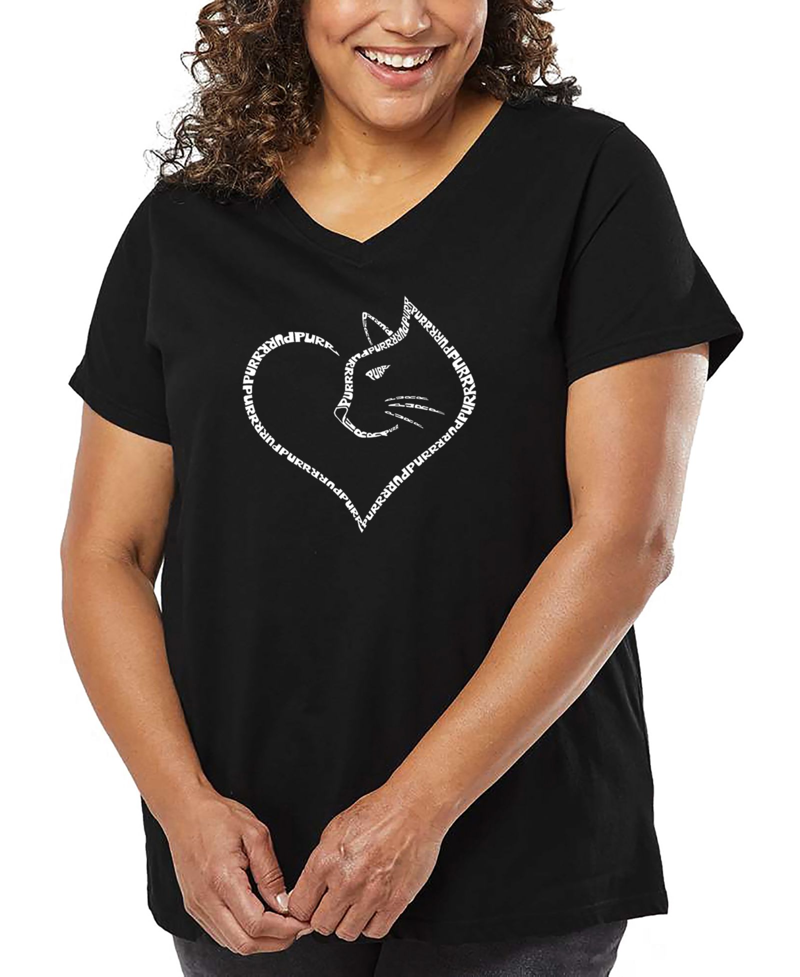 LA Pop Art Plus Size Cat Heart Word Art V-Neck T-Shirt