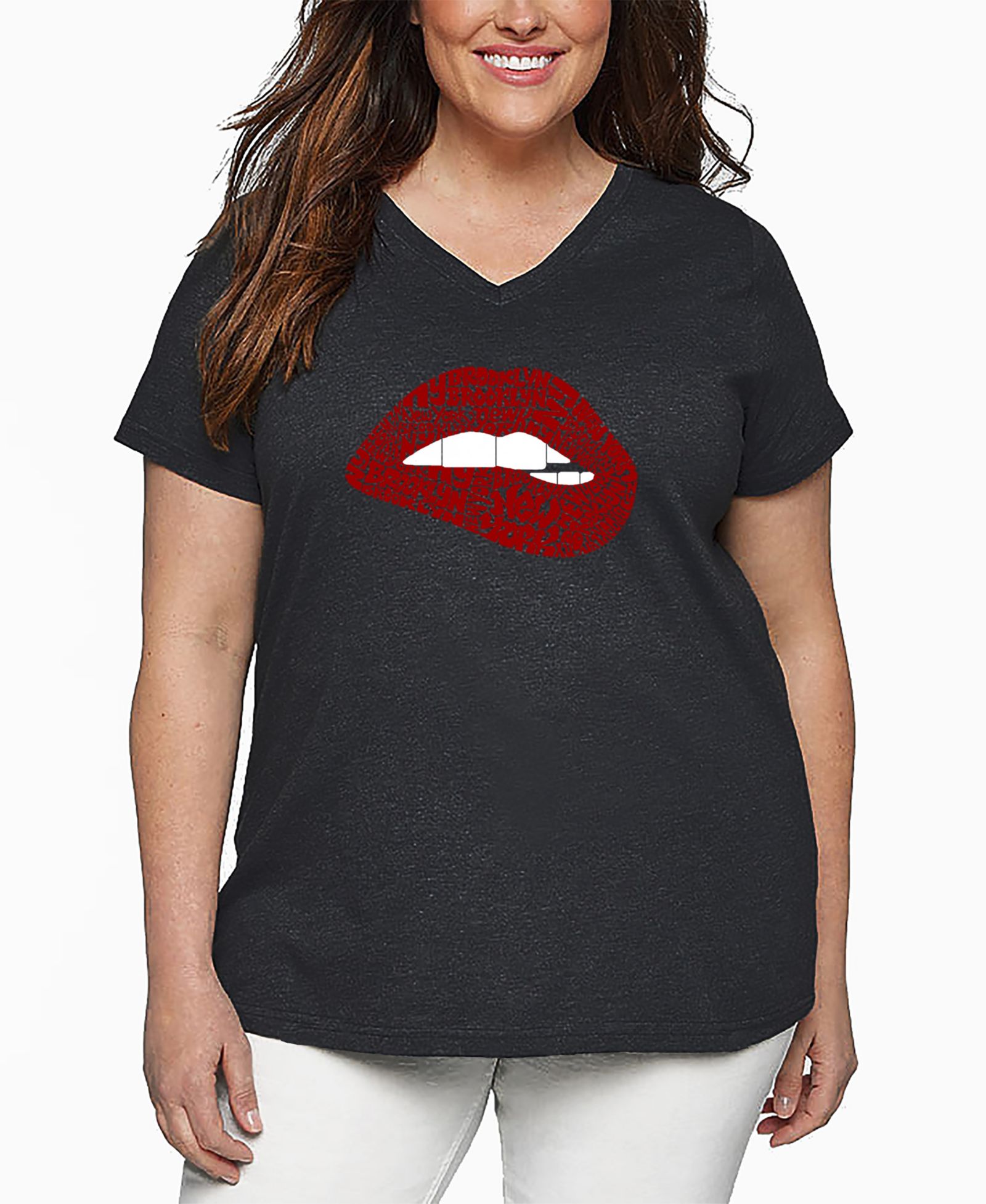 LA Pop Art Plus Size Brooklyn Lips Word Art V-Neck T-Shirt