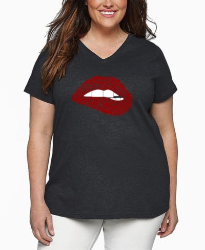 LA Pop Art Plus Size Brooklyn Lips Word Art V-Neck T-Shirt