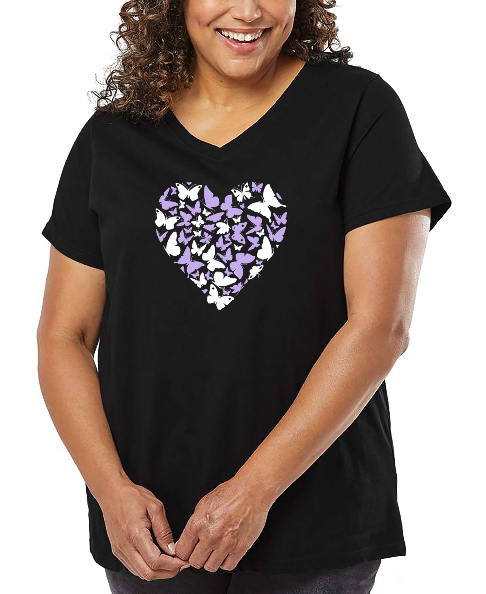 LA Pop Art Plus Size Butterfly Heart Word Art V-Neck T-Shirt