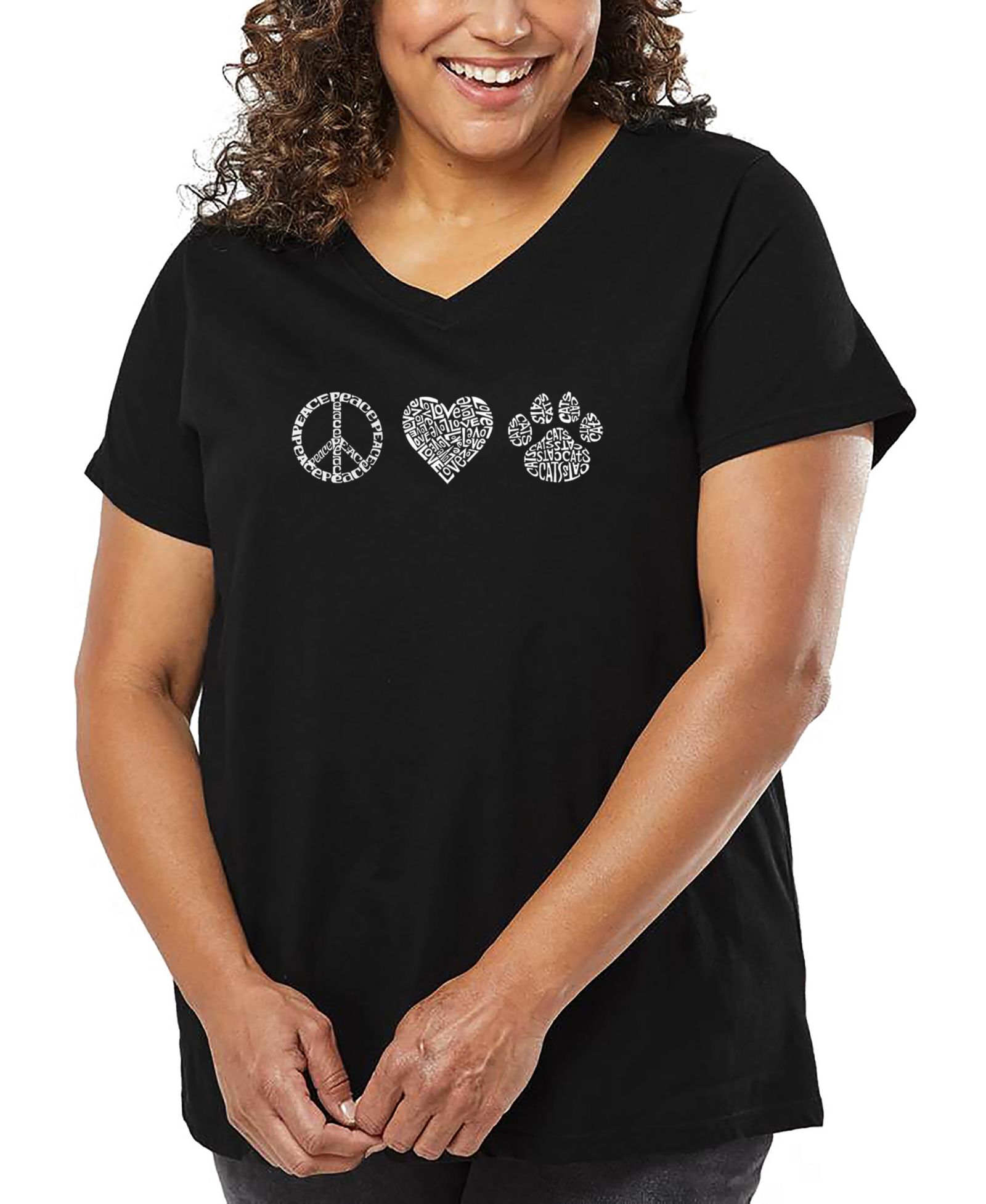 Женская футболка LA Pop Art Plus Size Peace Love Cats Word Art V-Neck