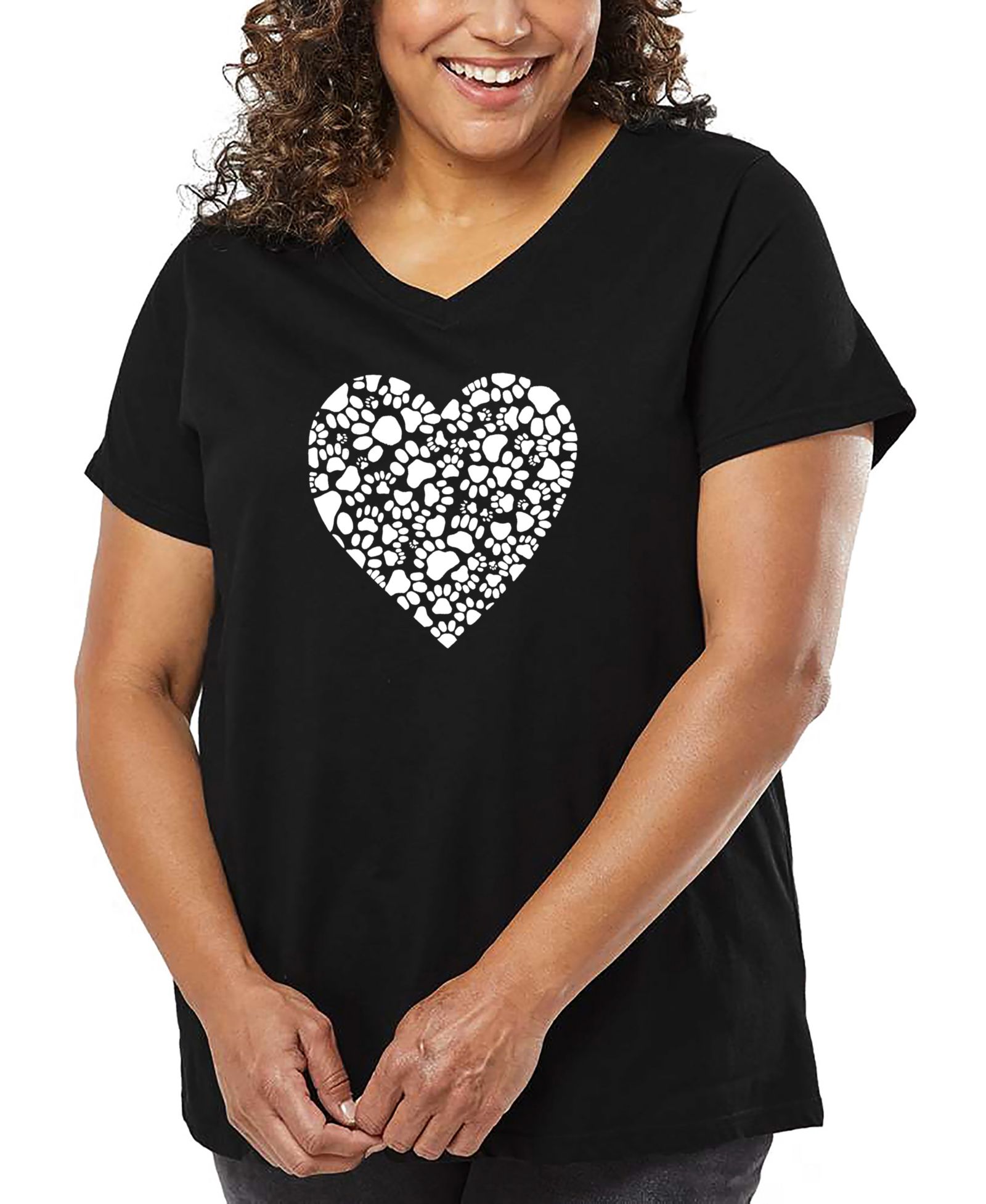 Женская футболка LA Pop Art Plus Size Paw Prints Heart Word Art с V-образным вырезом