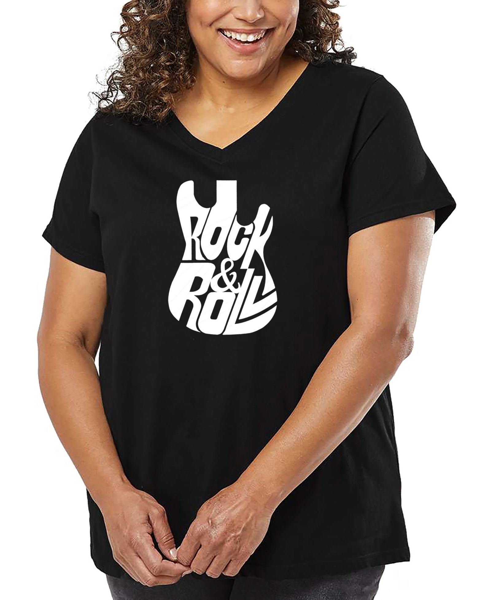 Женская футболка LA Pop Art Plus Size Rock And Roll Guitar Word Art V-Neck