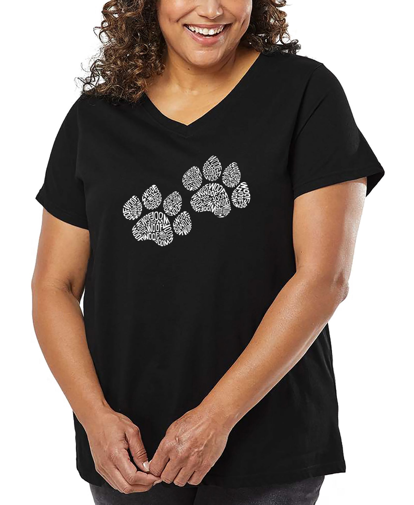 LA Pop Art Plus Size Woof Paw Prints Word Art V-Neck T-Shirt