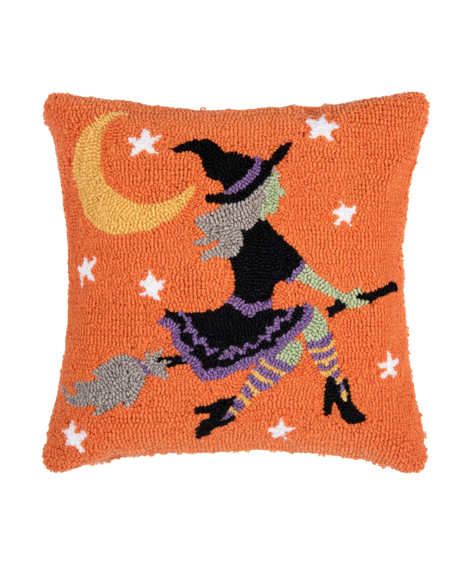 Flying Witch on Broom Moonlight Halloween Hooked Accent Throw Pillow 16" x 16"