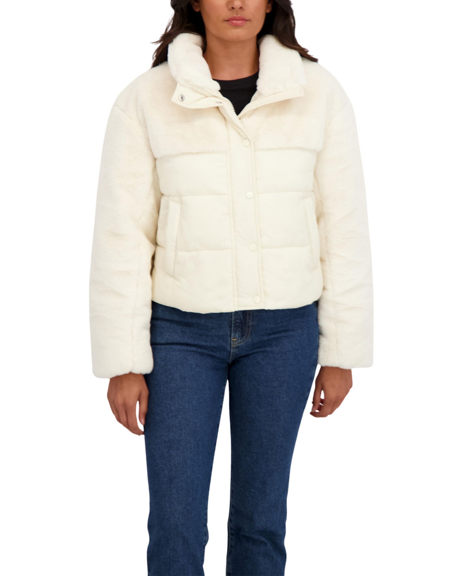 Sebby Collection Women's Short Mix Media Puffer Jacket