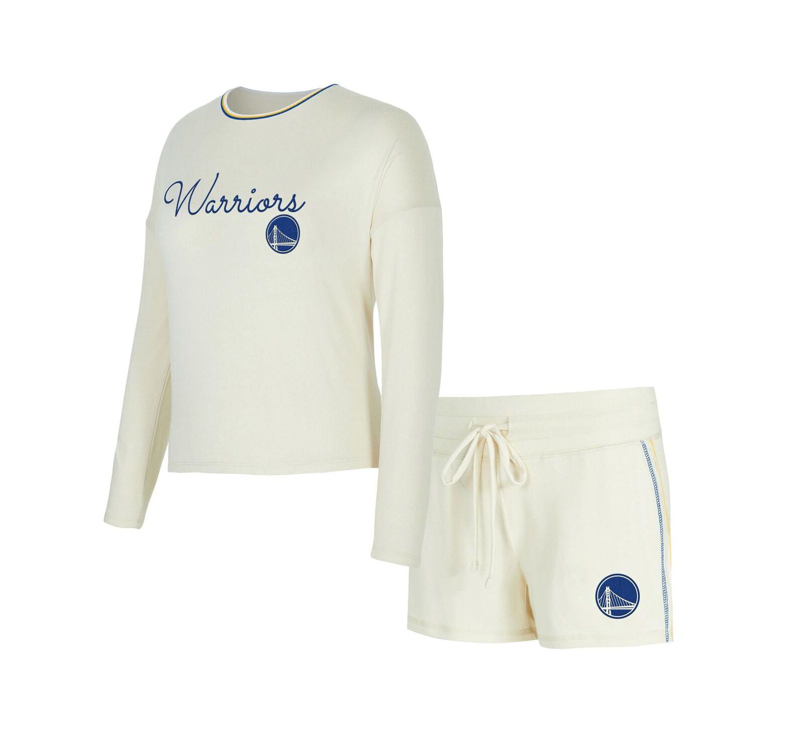 Concepts Sport Women's 2-Piece Cream Golden State Warriors Kaki Hacci Knit Long Sleeve Top and Shorts Set