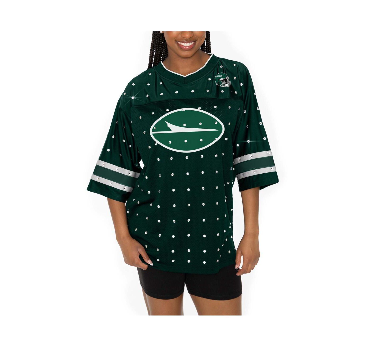Gameday Couture Women's Green New York Jets Kickoff Time Allover Rhinestone Sports Stripe Jersey V-Neck T-Shirt
