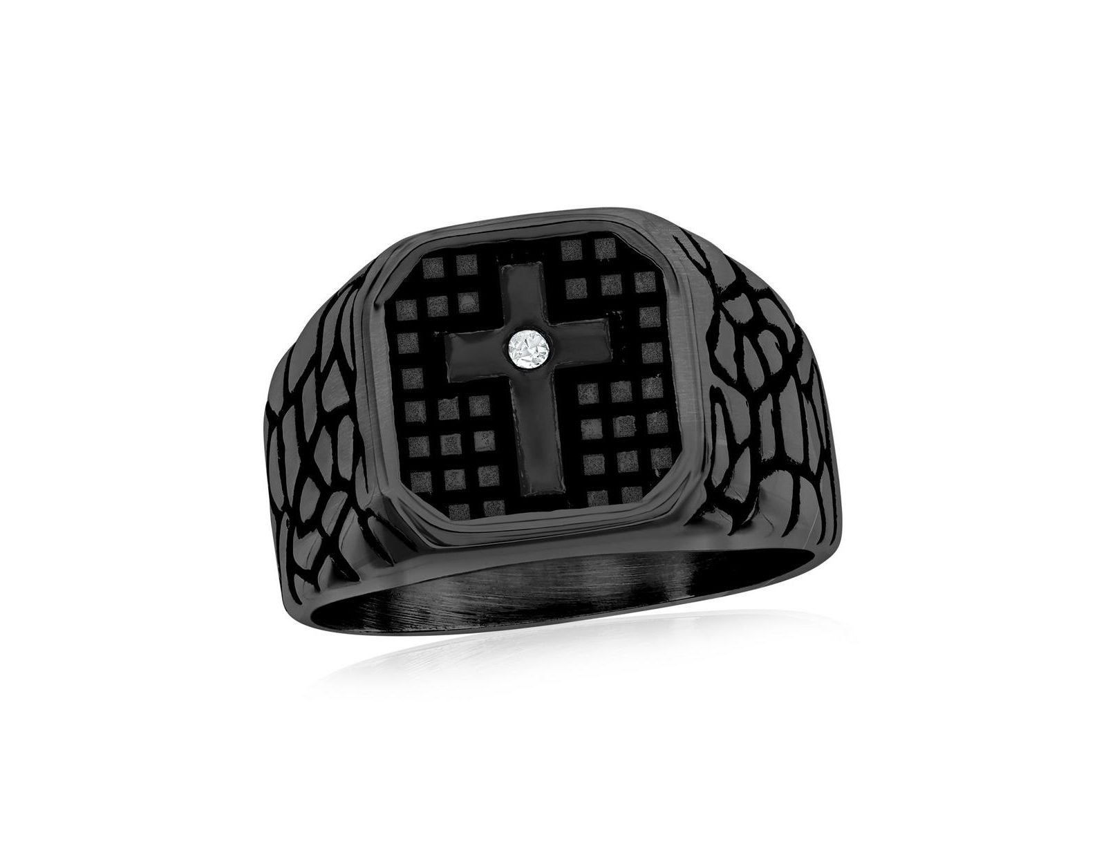 Stainless Steel, CZ Cross Pebbled Design Ring - Plated
