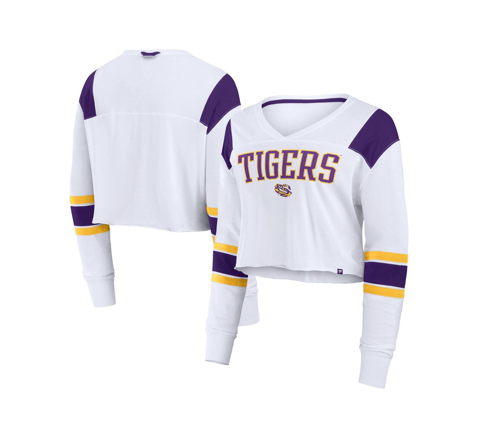 Fanatics Women's White LSU Tigers Training Camp Cropped Long Sleeve V-Neck Fashion Top