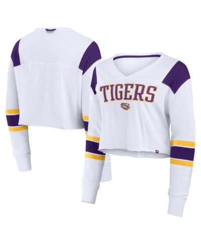 Fanatics Women's White LSU Tigers Training Camp Cropped Long Sleeve V-Neck Fashion Top