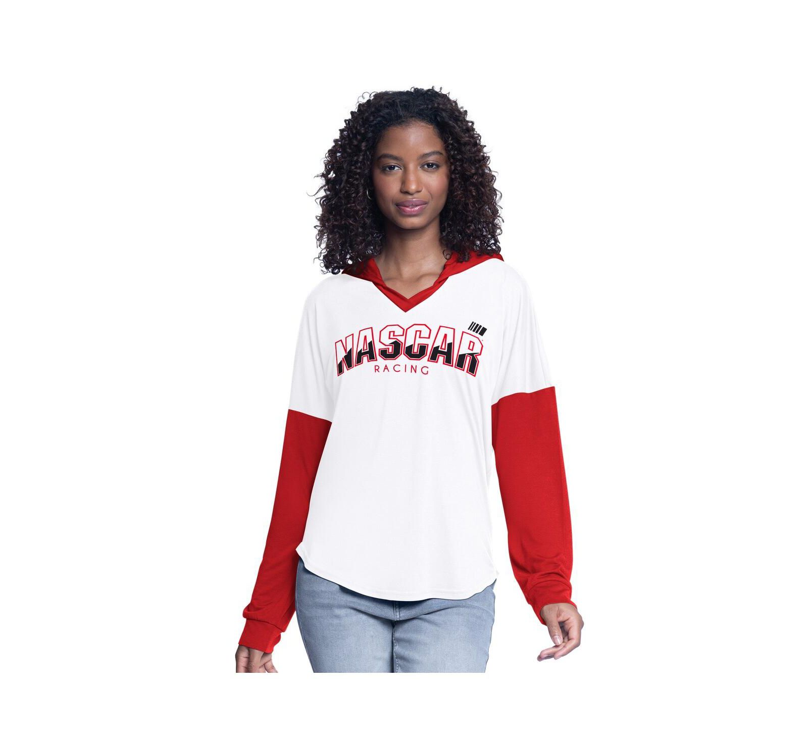 Женская футболка G-III 4Her by Carl Banks White/Red NASCAR Bench Player Oversized Long Sleeve V-Neck