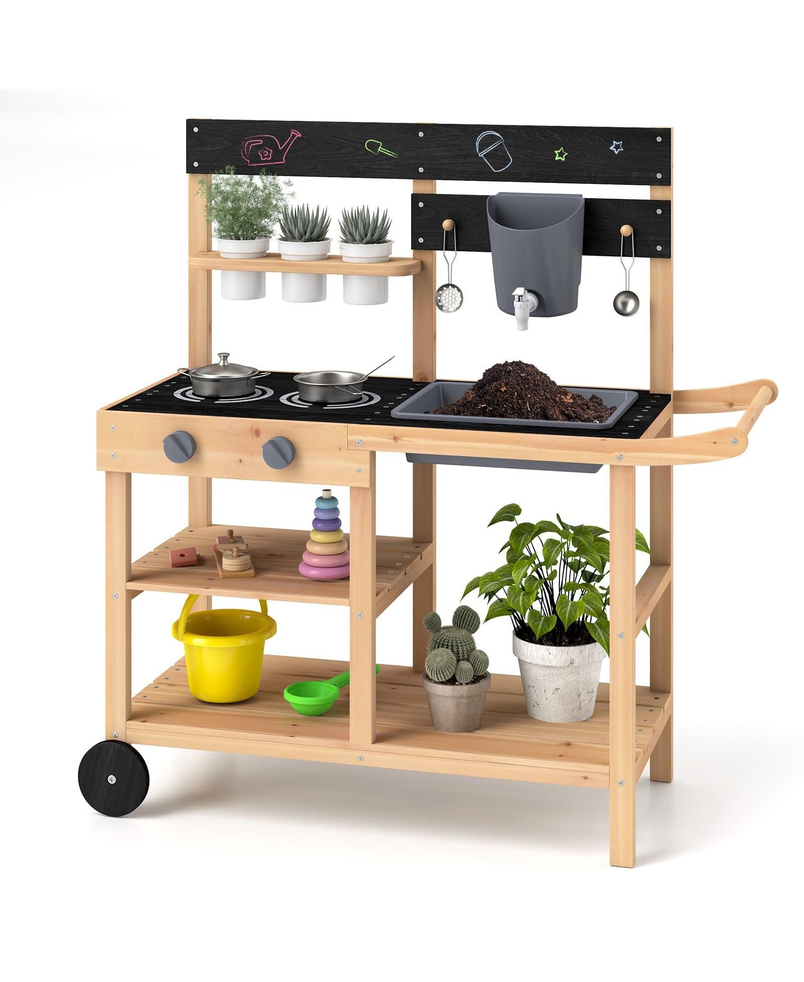 Игровая кухня из дерева Fir Wood для улицы с доской и горшками