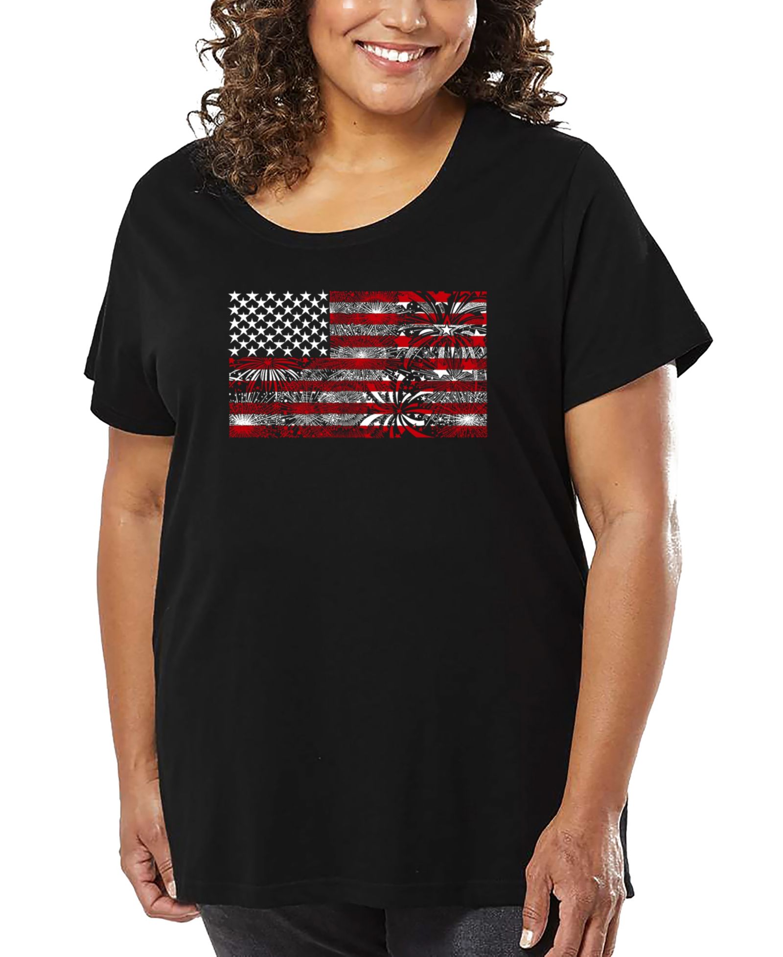 LA Pop Art Plus Size Fireworks American Flag Art T-Shirt