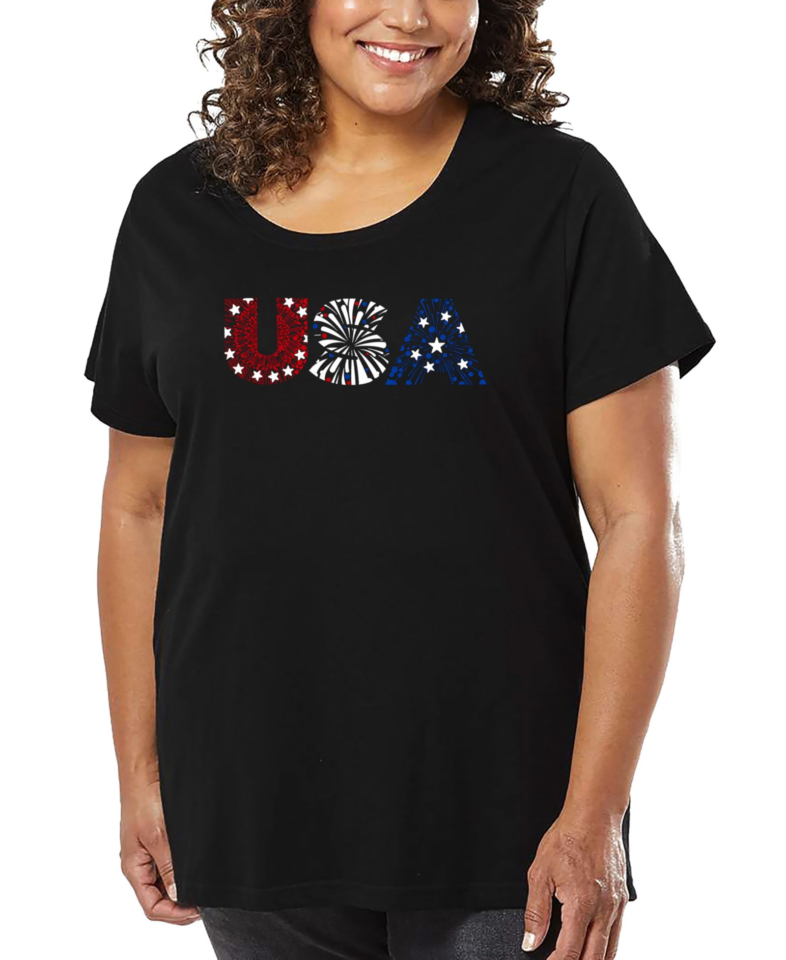 LA Pop Art Plus Size USA Fireworks Word Art T-Shirt