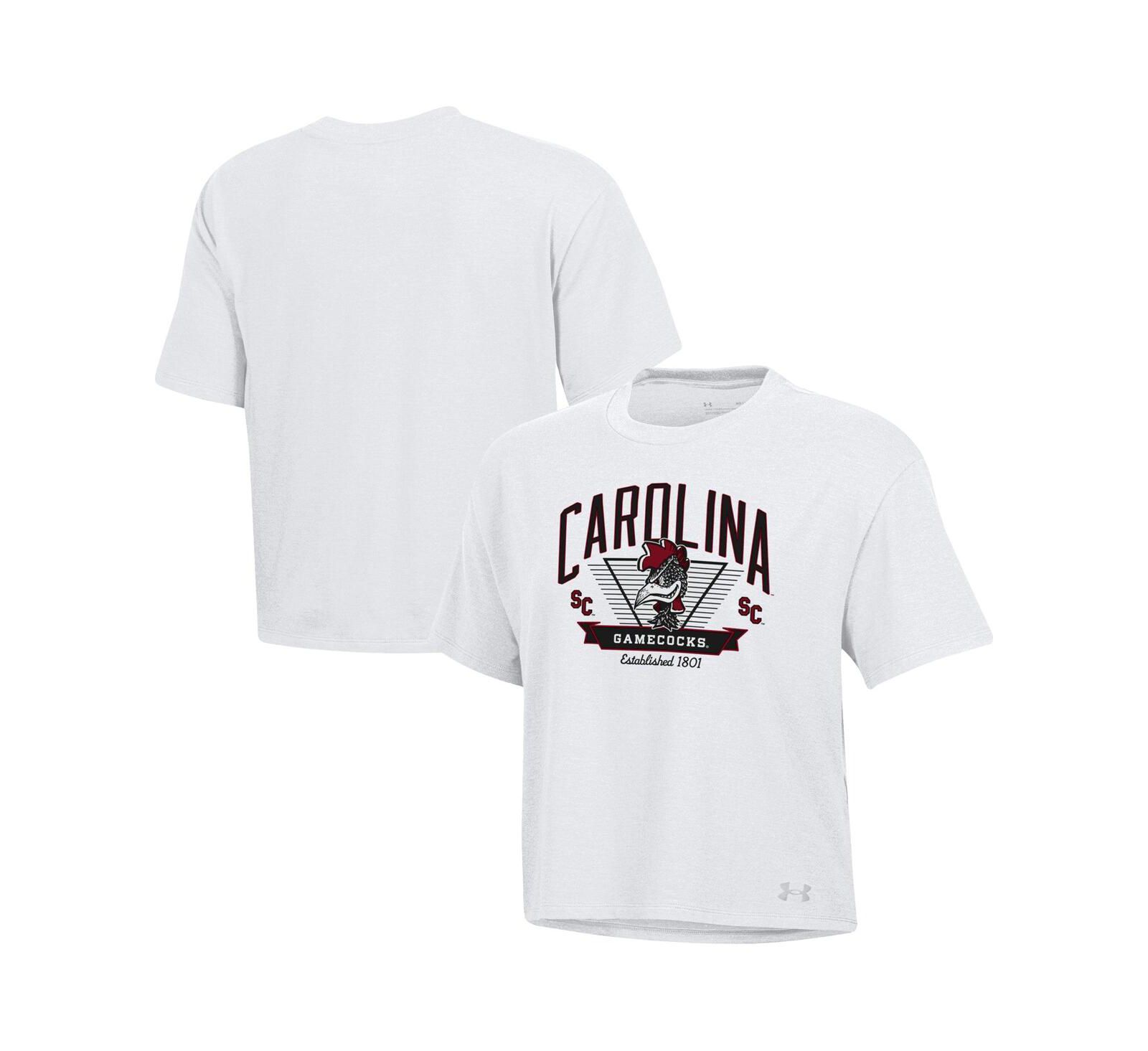 Under Armour Women's White South Carolina Gamecocks Essentials Icon Ultra-Soft Tri-Blend Boxy Cropped T-Shirt