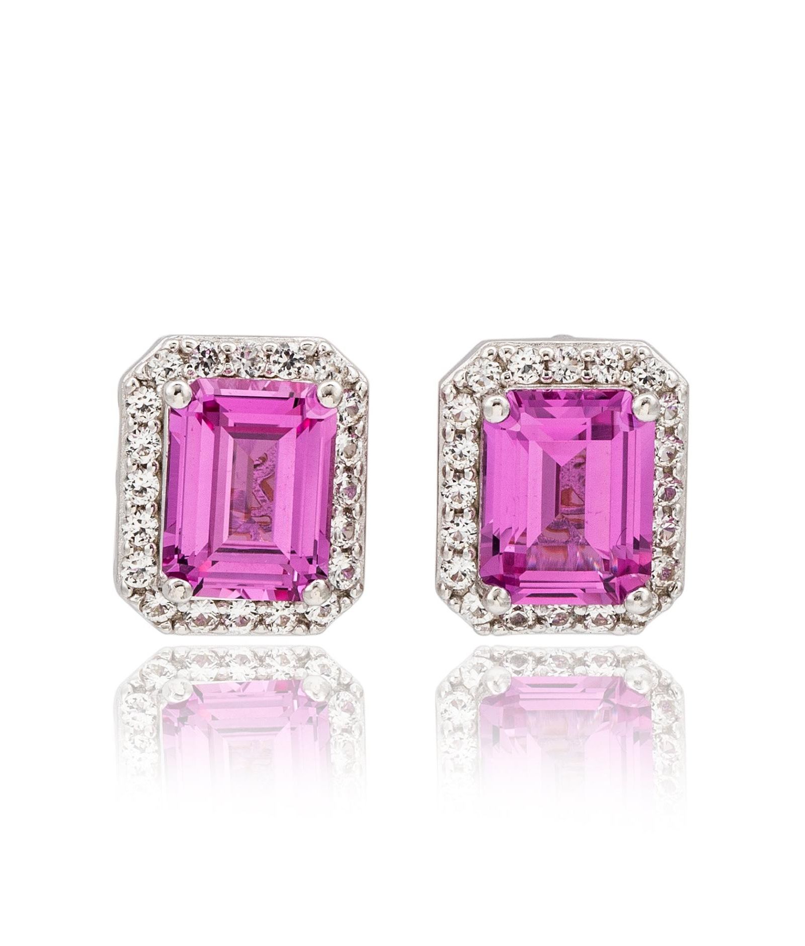 Suzy Levian Sterling Emerald Cut Sapphire & Created Sapphire Halo Stud Earrings