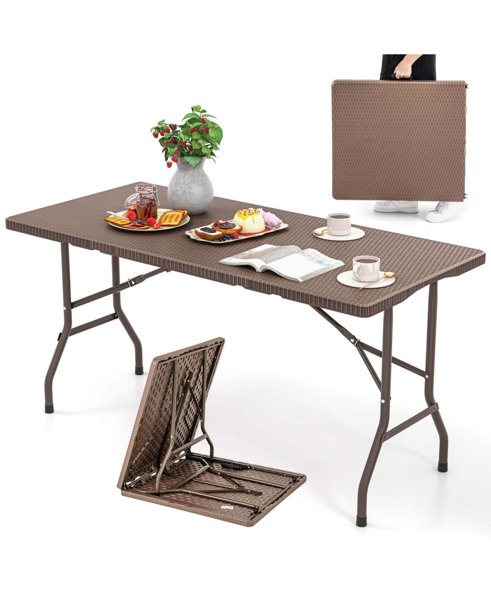 5 ft Folding Picnic Table Outdoor Dining Table with Rattan Grain HDPE Tabletop