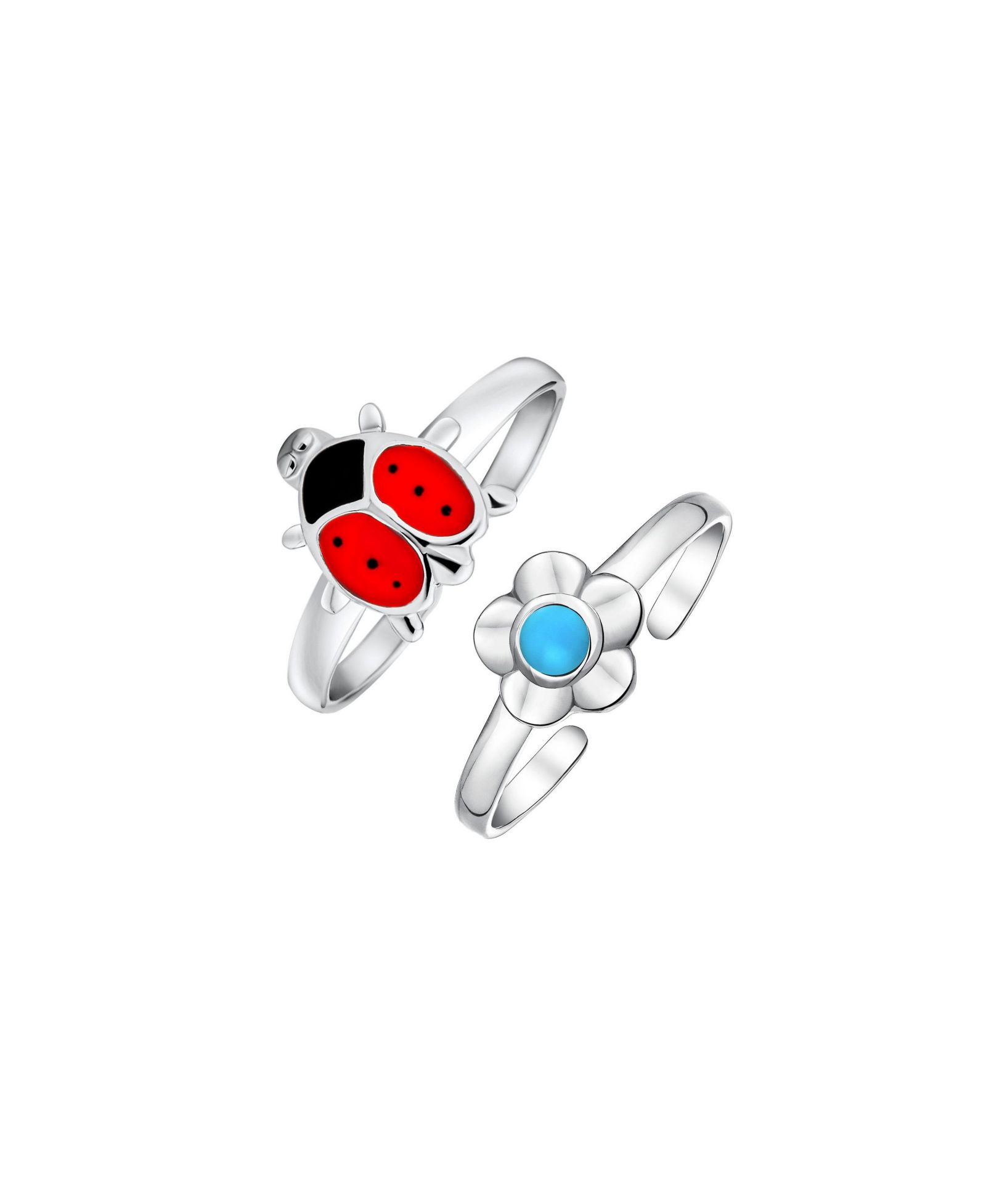 Bling Jewelry Sun Flower Blue Turquoise and Red Ladybug Toe Ring .925 Sterling Silver Set-2