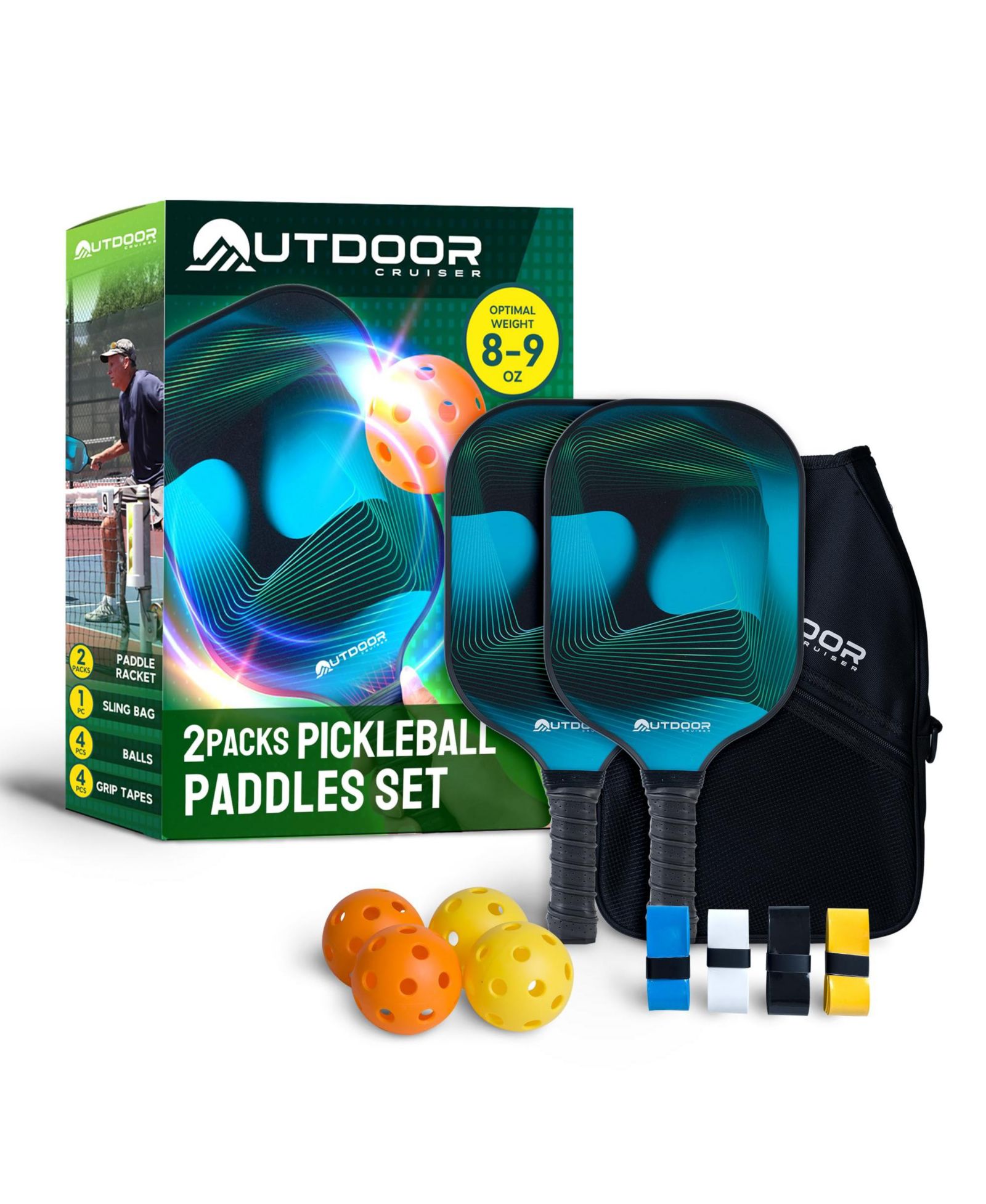 Outdoor Cruiser Pickleball Paddle Set – USAPA Approved, Premium Fiberglass Paddles with Lightweight Shock-Absorbing Grip, Includes 2 Rackets, 4 Balls, Grip Tapes, and Sling Carry Bag