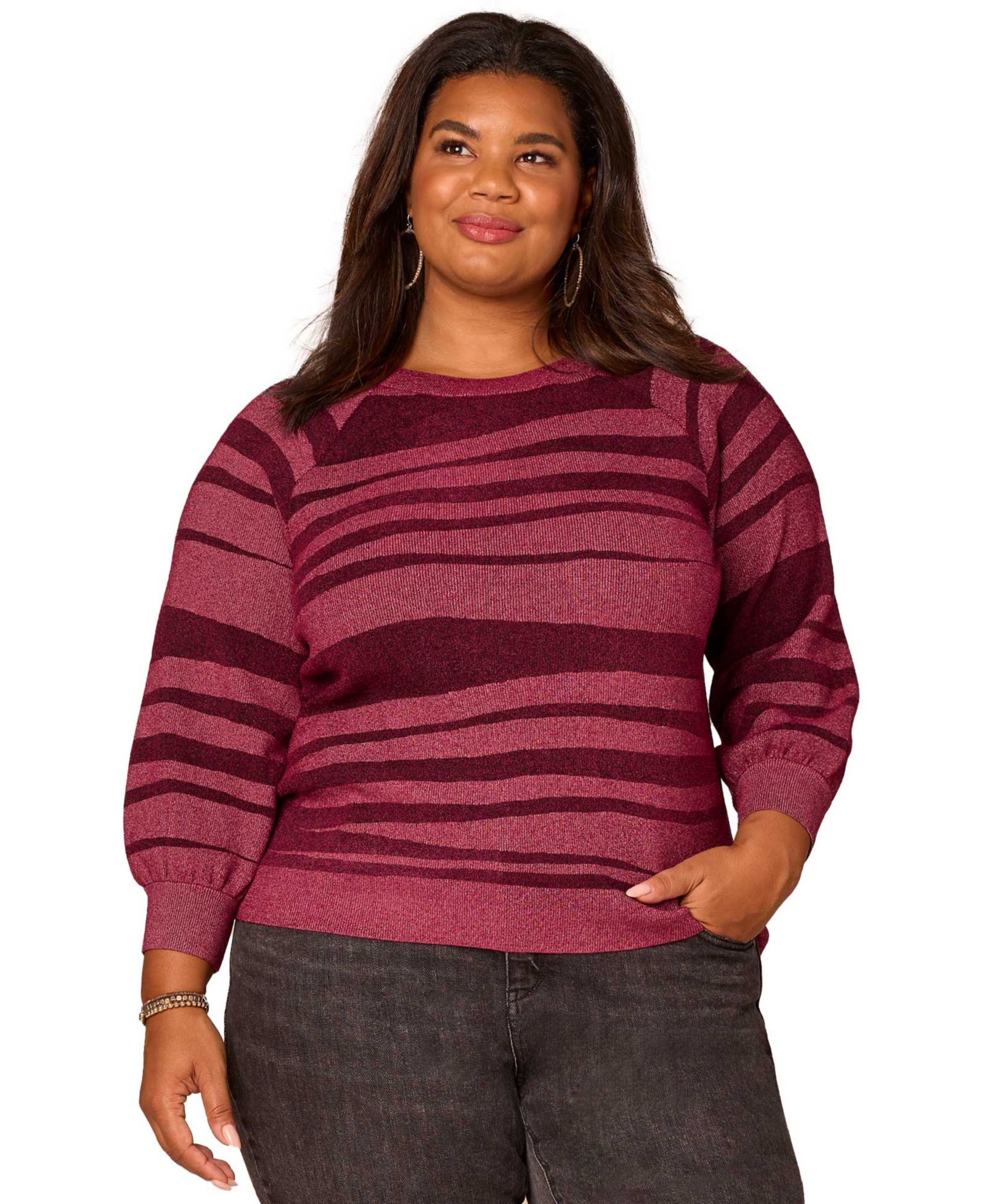 Democracy Plus Size 3/4-Blouson Raglan Sleeve Stripe Sweater