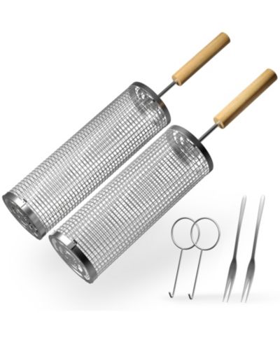 Sorbus 2 Pack Stainless Stee Rolling Grill Baskets with Removable Wooden Handle - BBQ, Outdoor Cooking, Camping