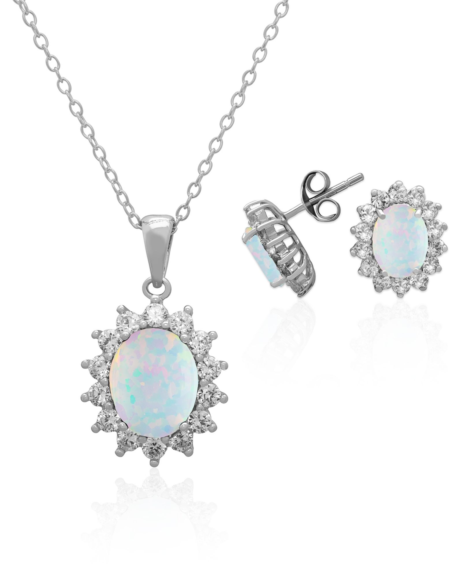 Macy's 2-Piece Set Lab Grown White Opal (1.50 ct. t.w.) Lady Di Pendant Necklace with Matching Earrings in Sterling Silver (also in Sapphire)