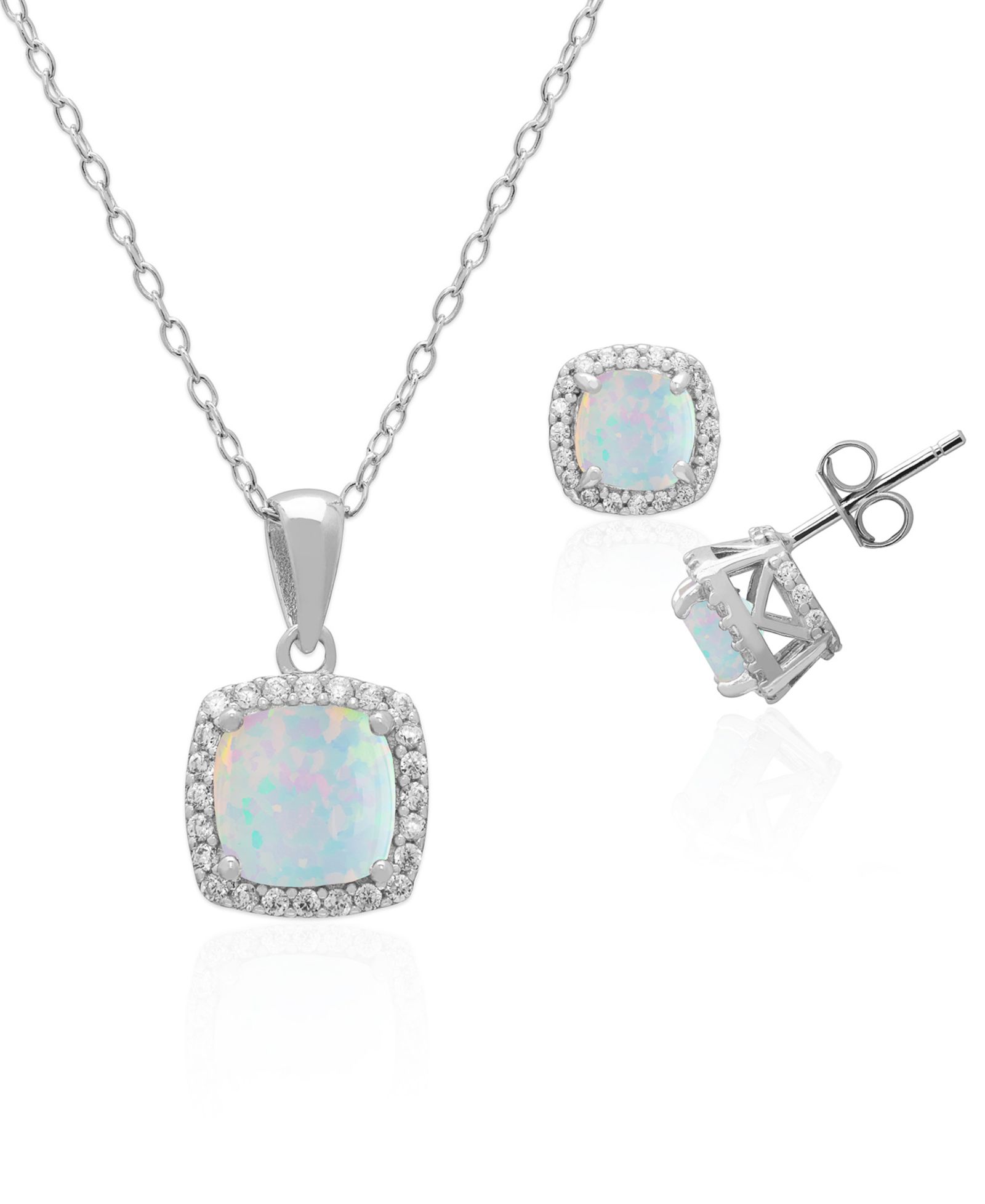 Macy's 2-Piece Set Lab Grown White Opal (2 ct. t.w.) Cushion Halo Pendant Necklace with Matching Earrings in Sterling Silver (also in Sapphire)