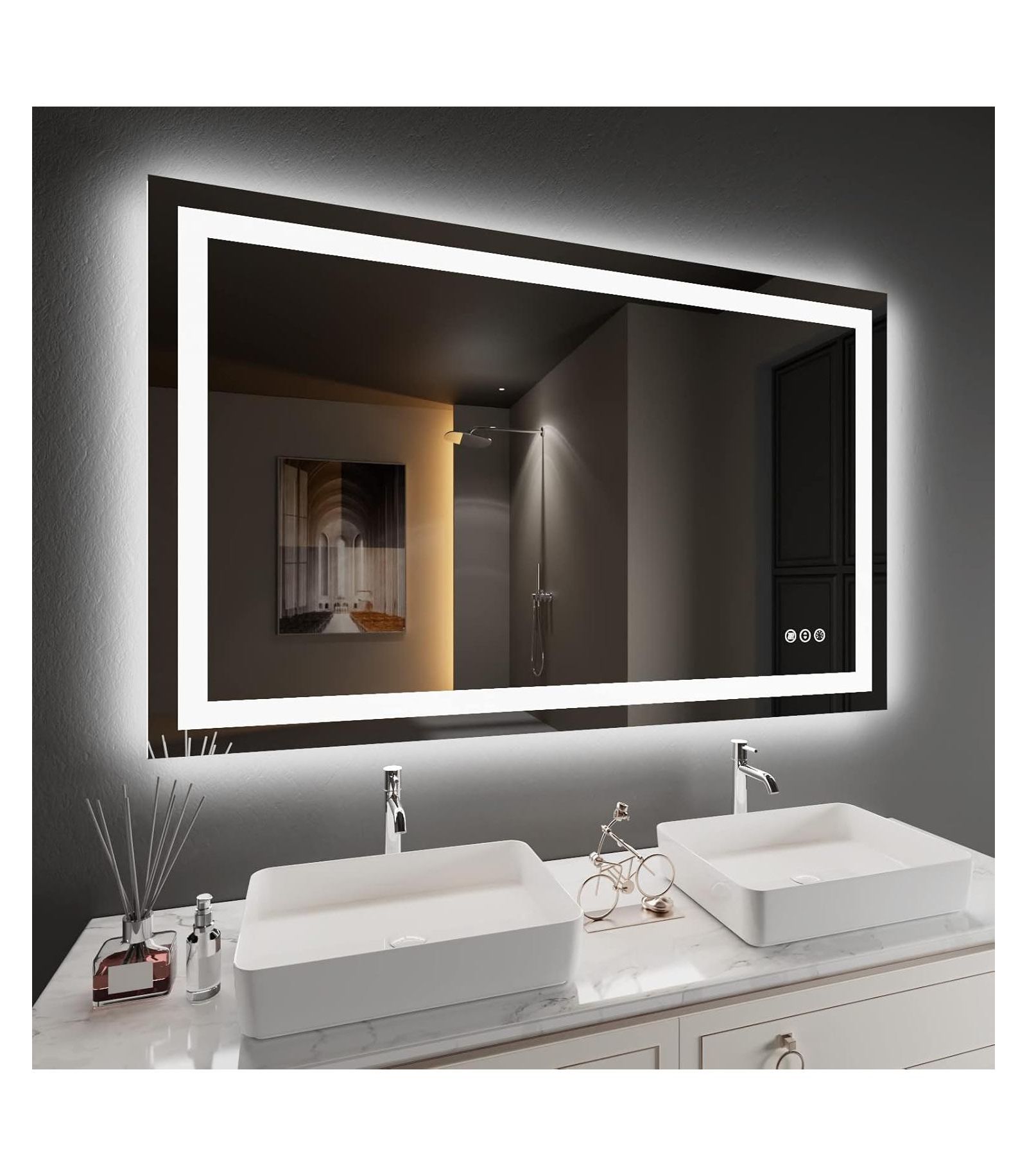 Amorho  LED Bathroom Mirror, With Front Light and Backlit, Stepless Dimmable Wall Mount Mirrors