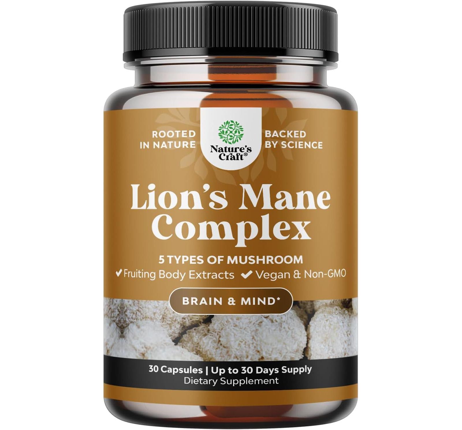 Nature's Craft Lion's Mane Complex Capsules, Brain Booster Nootropic Supplement with Chaga Maitake Shiitake and Reishi, Nature's Craft, 30ct