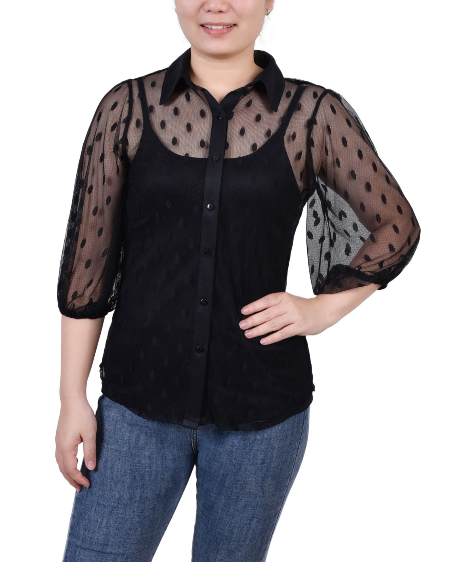 NY Collection Petite Elbow Sleeve Clip Dot Top