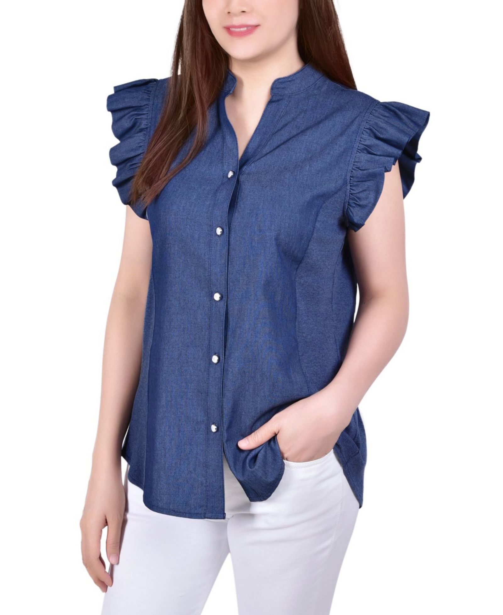 NY Collection Petite Flutter Sleeve Chambray Top