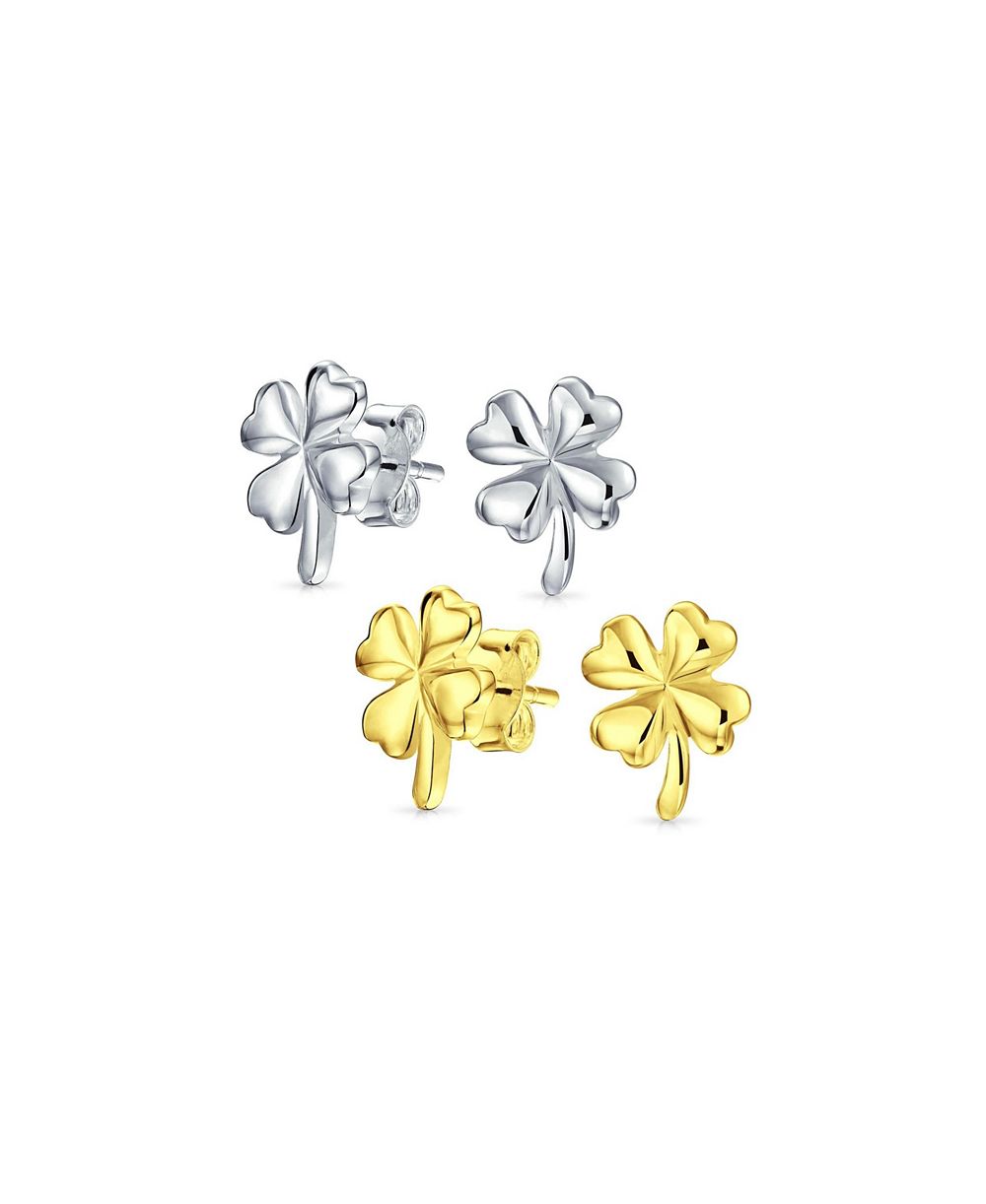 Bling Jewelry Good Luck Shamrock Clover Stud Earrings Gold Plated Sterling Silver (2 Set)