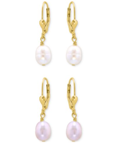 Серьги Giani Bernini 2-Pc. Set White & Pink Oval Cultured Freshwater Pearl Leverback Drop 18k Gold-Plated Sterling Silver