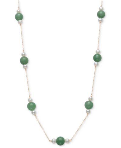 Macy's Dyed Green Jade & Cultured Freshwater Pearl (4-5mm) 18" Collar Necklace in 10k Gold