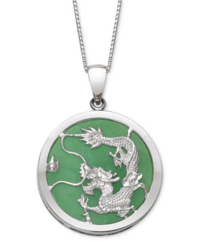 Macy's Dyed Green Jade Dragon Disc 18" Pendant Necklace in Sterling Silver