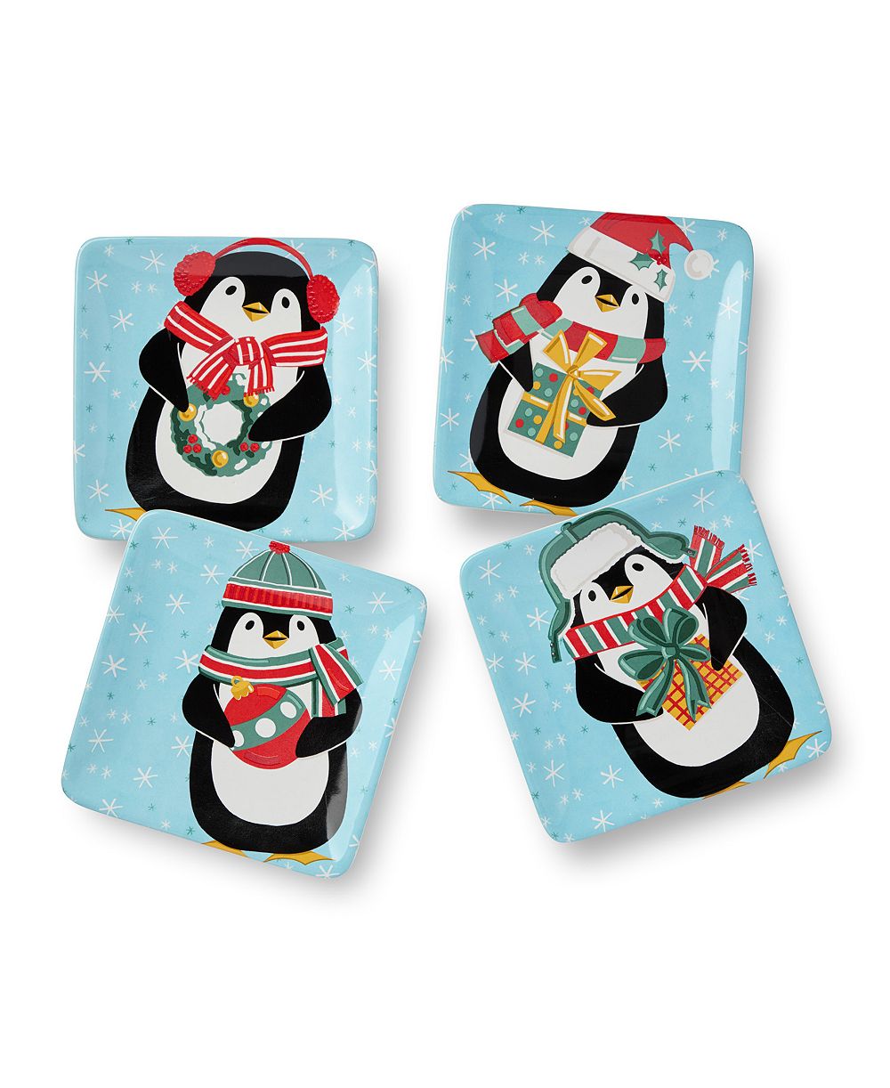 Certified International Christmas Whimsy Penguin Canape Plates, Set of 4