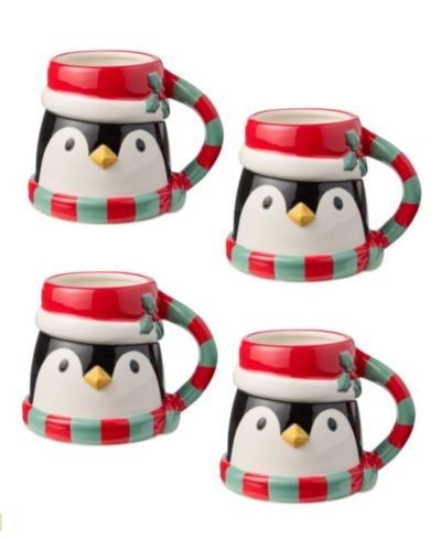 Certified International Christmas Whimsy Penguin 3-D Mugs, Set of 4