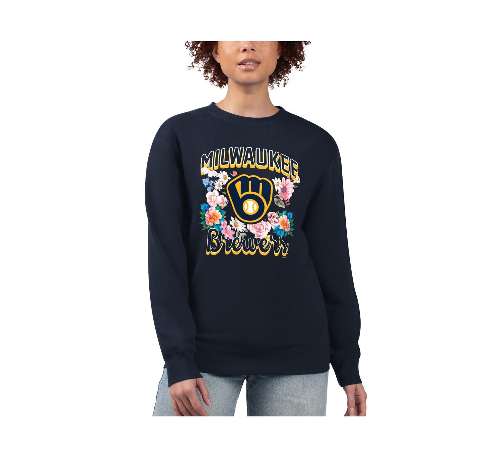 G-III 4Her by Carl Banks Women's Navy Milwaukee Brewers Flowers Graphic Pullover Sweatshirt