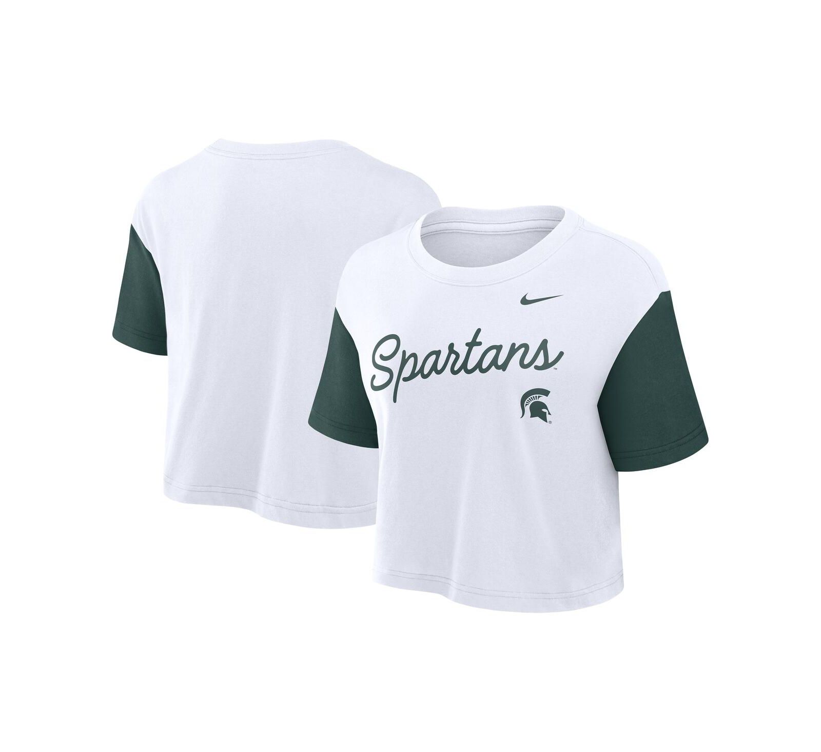 Женская укороченная футболка Nike Michigan State Spartans Color Block Script Performance, белая/зеленая
