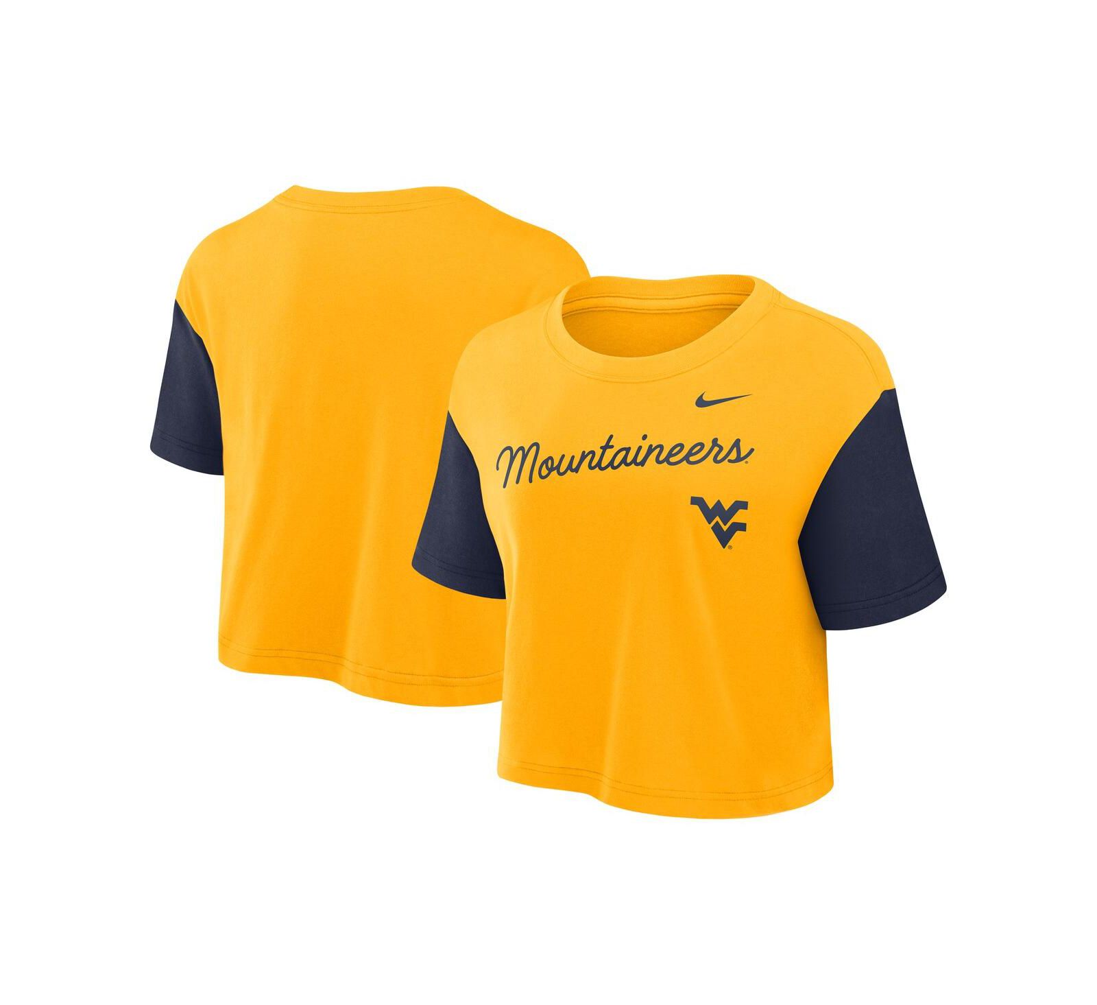 Женская футболка Nike Gold/Navy West Virginia Mountaineers Color Block Script Performance Cropped