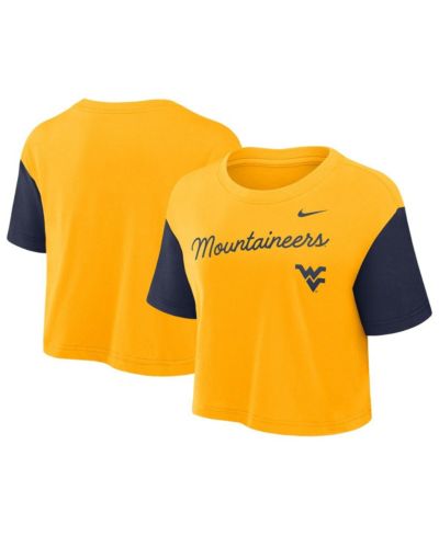 Женская футболка Nike Gold/Navy West Virginia Mountaineers Color Block Script Performance Cropped