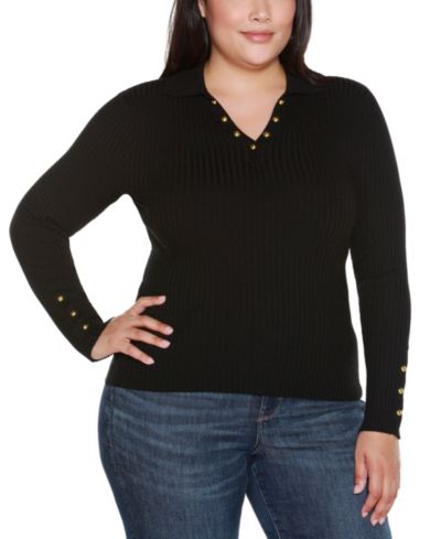Belldini Plus Size Long Sleeve Johnny Collar Sweater